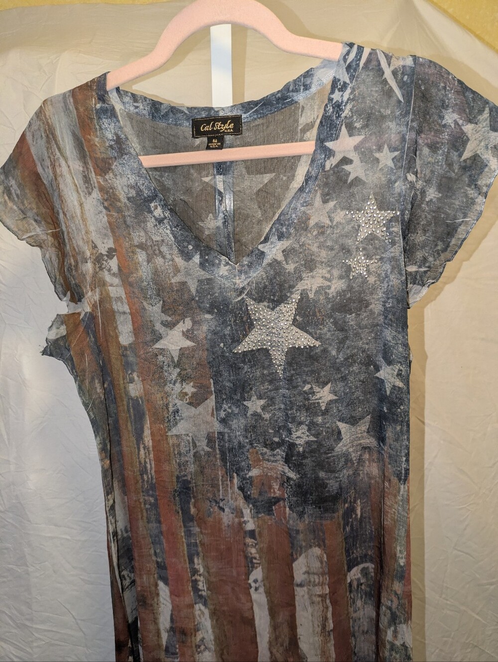 Cal Style USA Patriotic American Flag Midi Dress Rhinestone Stars Medium - Picture 12 of 13